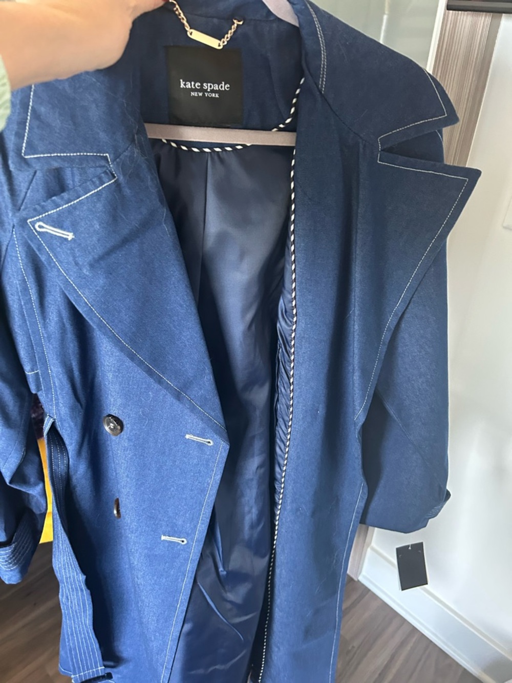 kate spade Navy Double-Breasted Trench Coat with Contrast Stitching